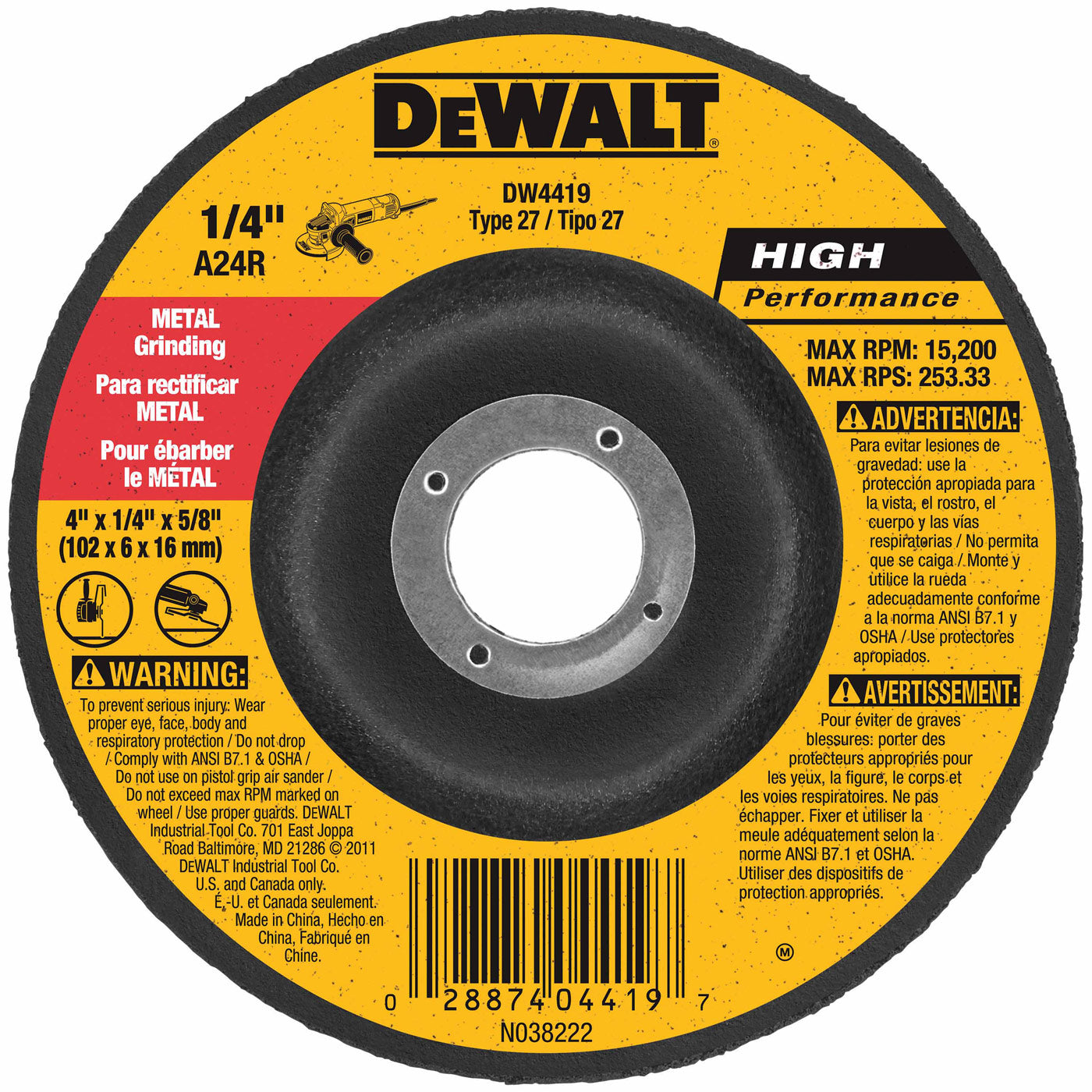 DeWalt DW4419 4" x 1/4" x 5/8" General Purpose Metal Grinding Wheel