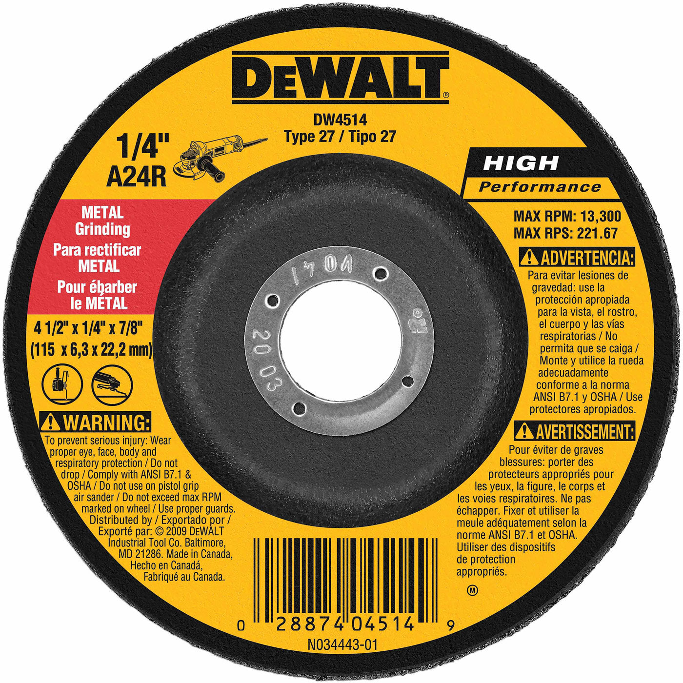 DeWalt DW4514 4-1/2" x 1/4" x 7/8"  General Purpose Metal Grinding Wheel