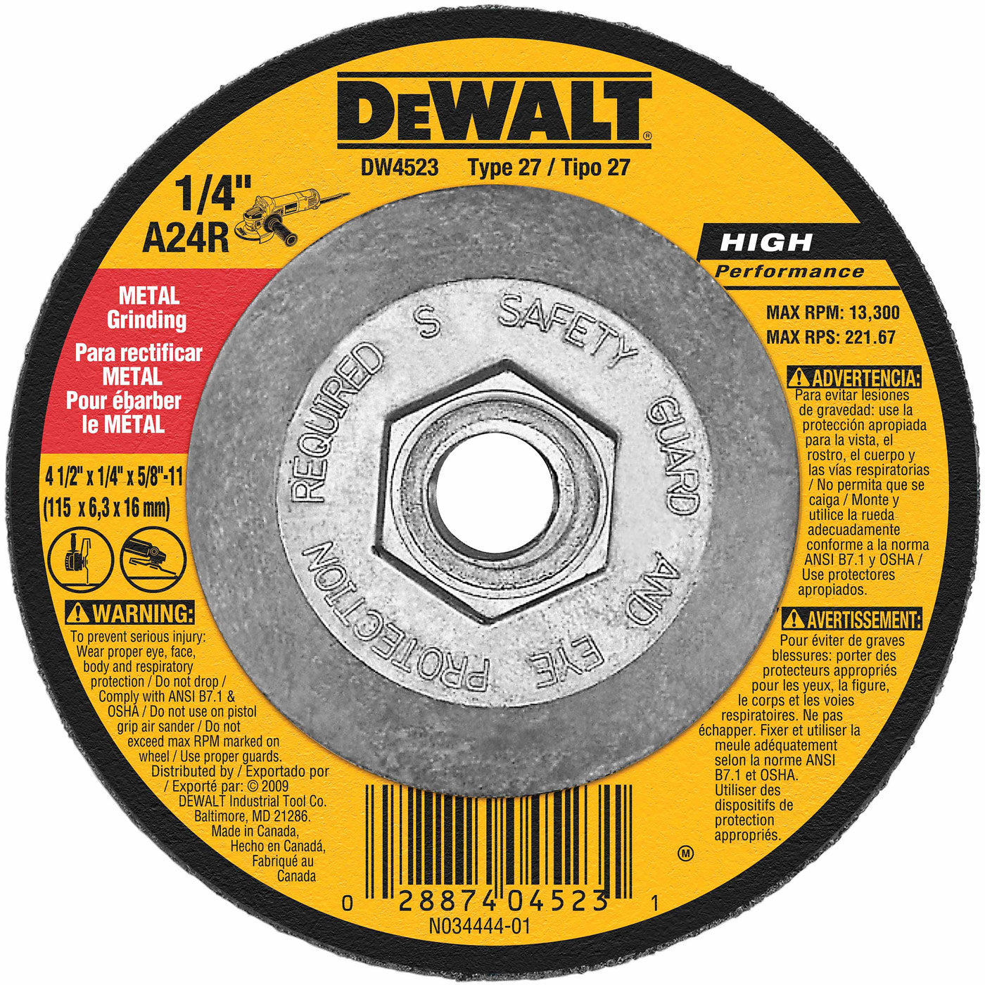 DeWalt DW4523 4-1/2" x 1/4" x 5/8"-11 General Purpose Metal Grinding Wheel