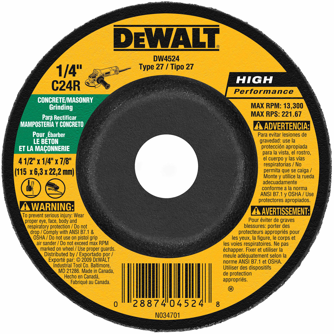 DeWalt DW4524 4-1/2" x 1/4" x 7/8" Concrete/Masonry Grinding Wheel