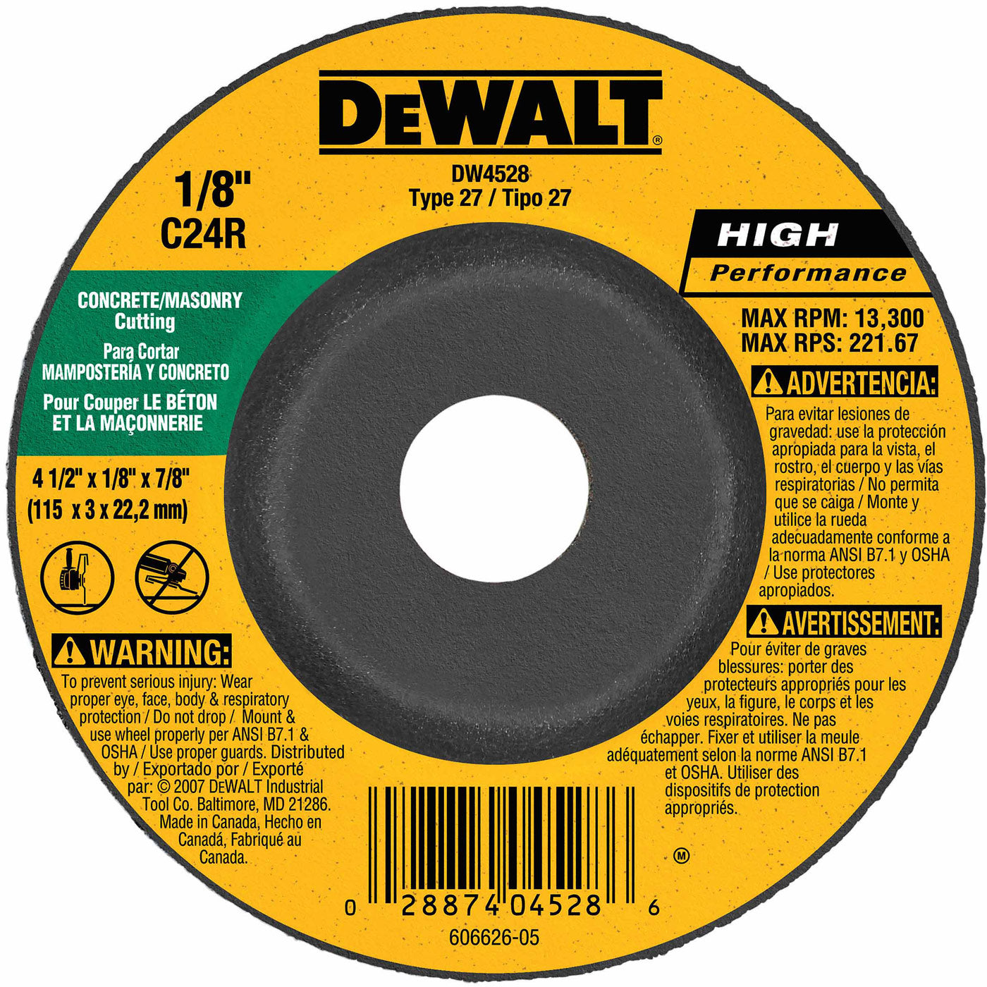 DeWalt DW4528 4-1/2" x 1/8" x 7/8" Concrete/Masonry Cutting Wheel