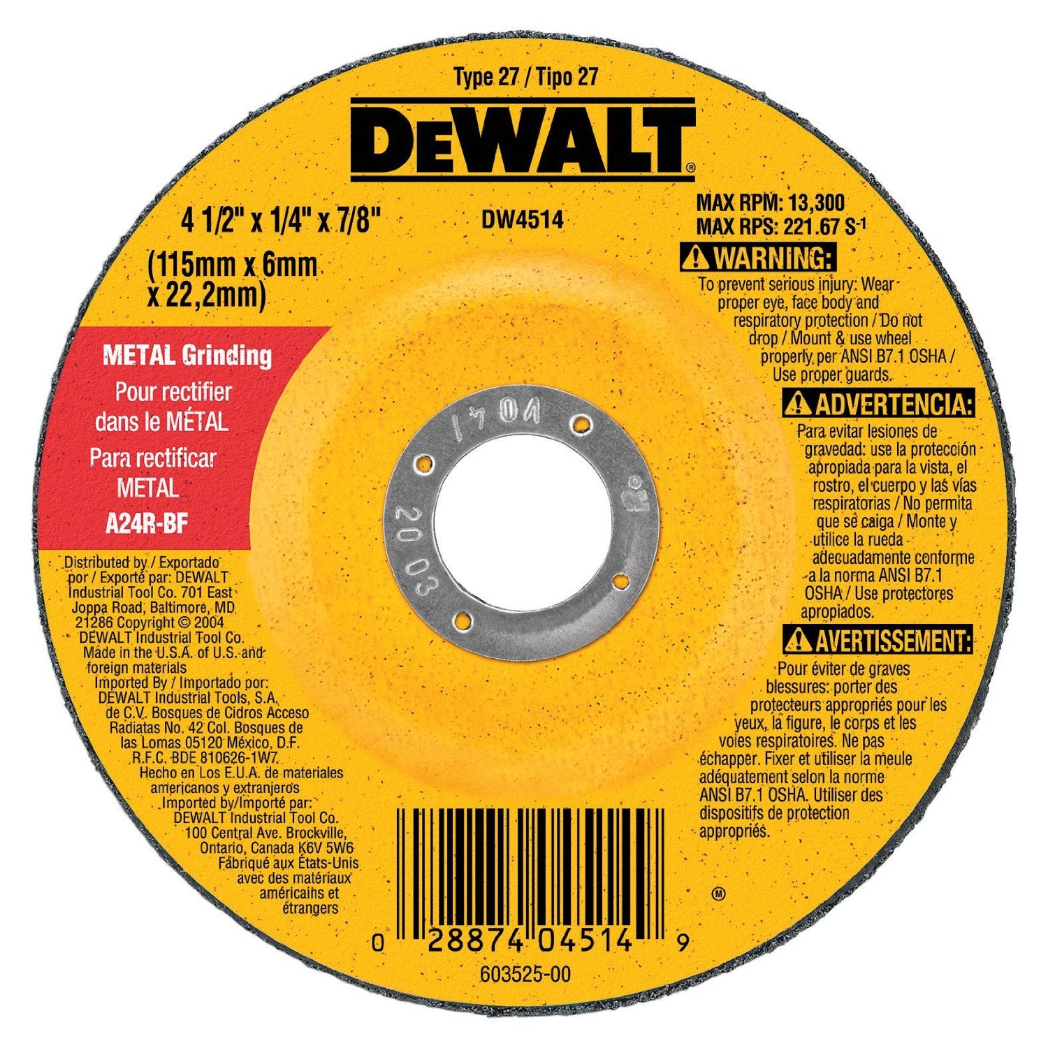 DeWalt DW4719 7" x 1/4" x 7/8" General Purpose Metal Grinding Wheel