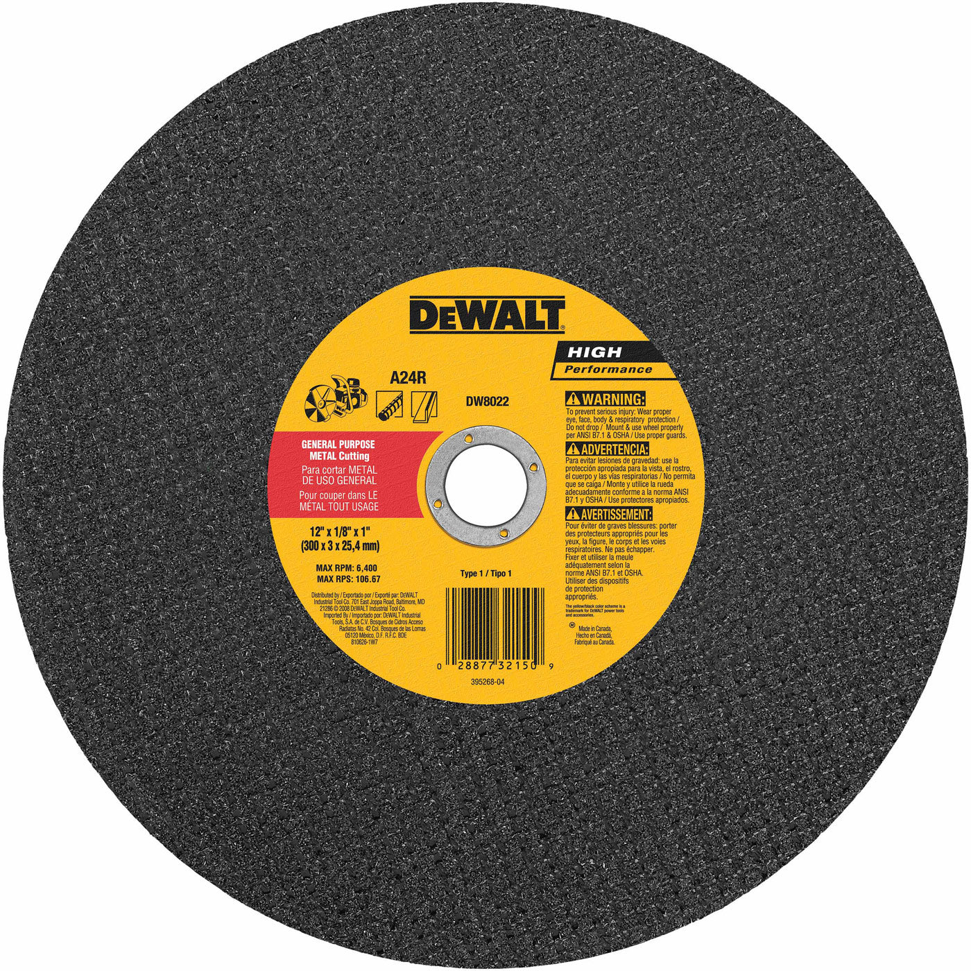 DeWalt DW8022 12" x 1/8" x 1" Metal Cutting High Speed Cut-Off Wheel