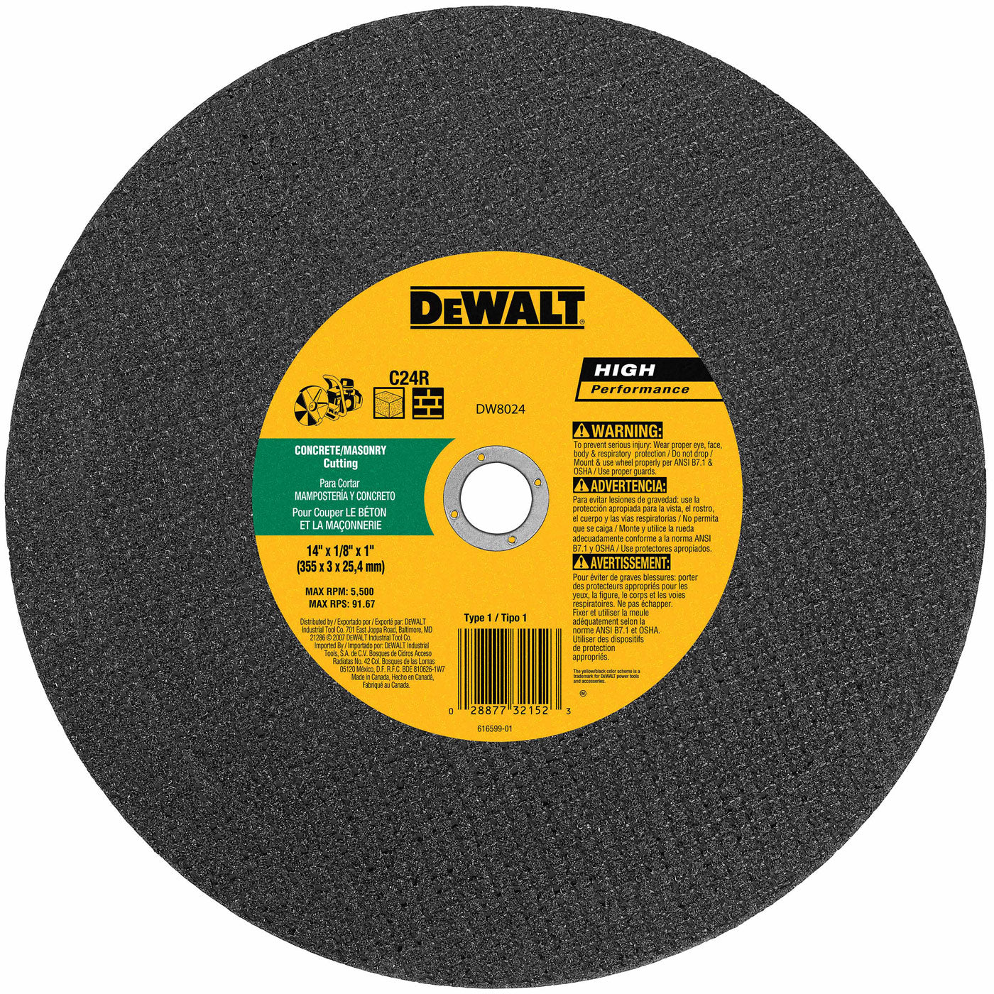 DeWalt DW8024 14" x 5/32" x 1" Concrete/Masonry High Speed Cut-Off Wheel