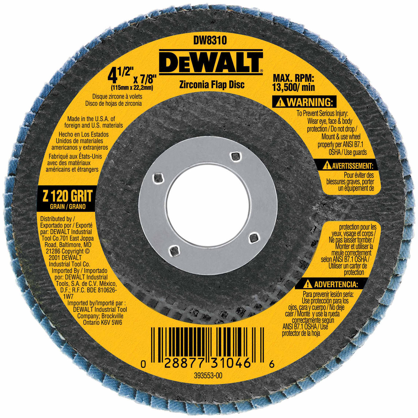 DeWalt DW8310 4-1/2" x 7/8" 120 Grit Zirconia Flap Disc