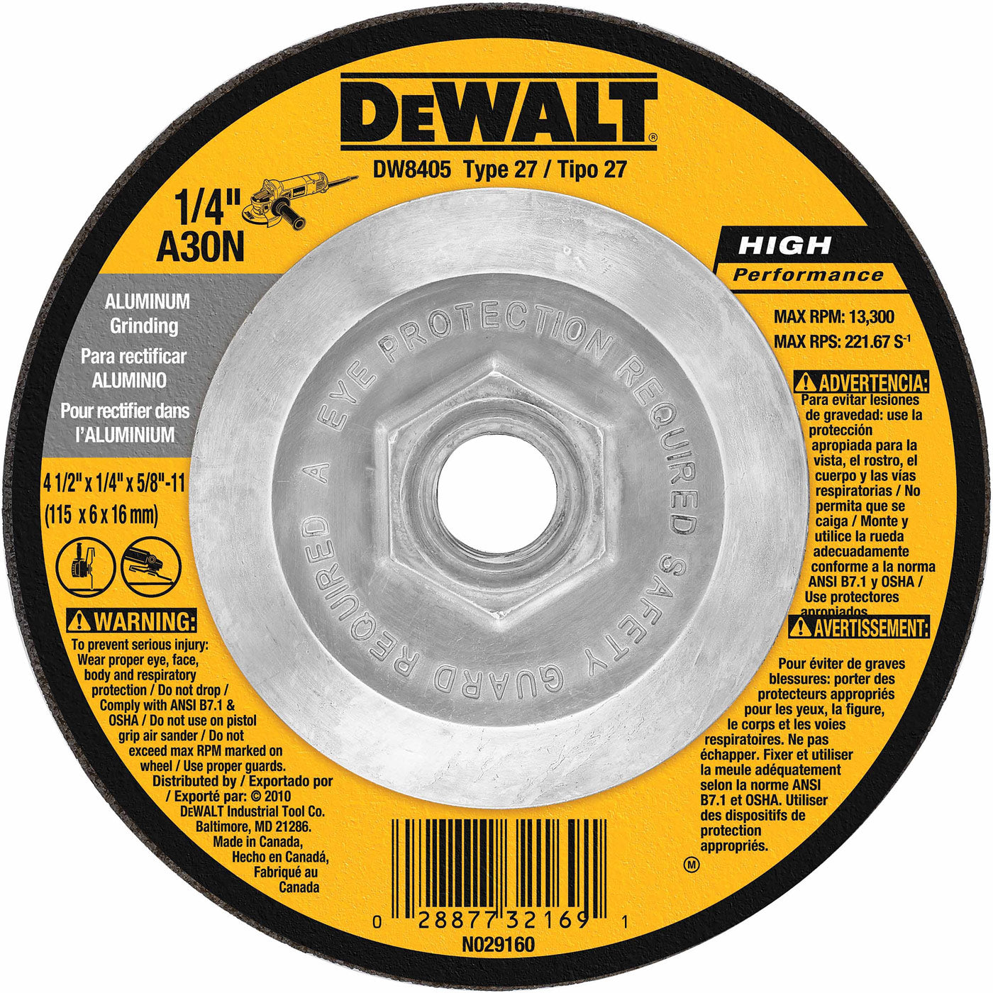 DeWalt DW8405 4-1/2" x 1/4" x 5/8"-11 Aluminum Grinding Wheel