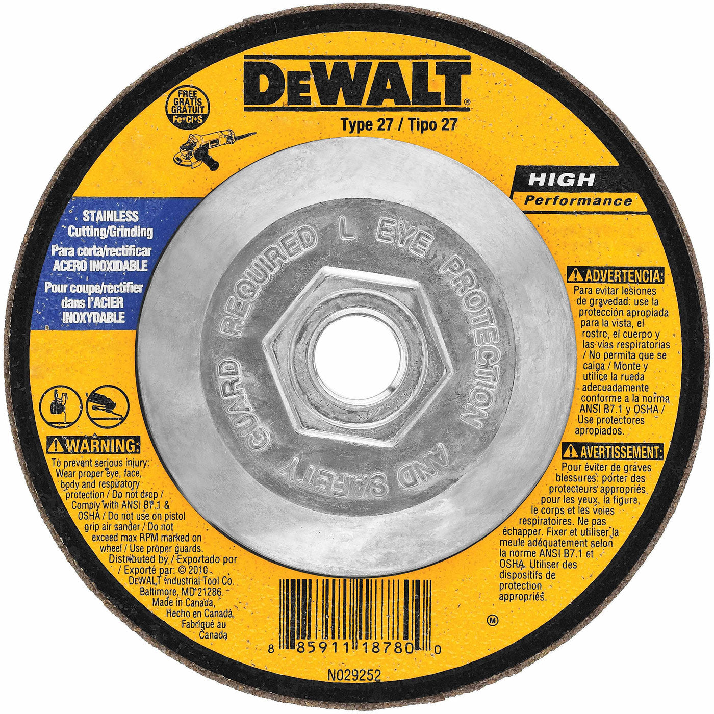 DeWalt DW8415 4-1/2' x 1/4" x 5/8"-11 Stainless Steel Grinding Wheel