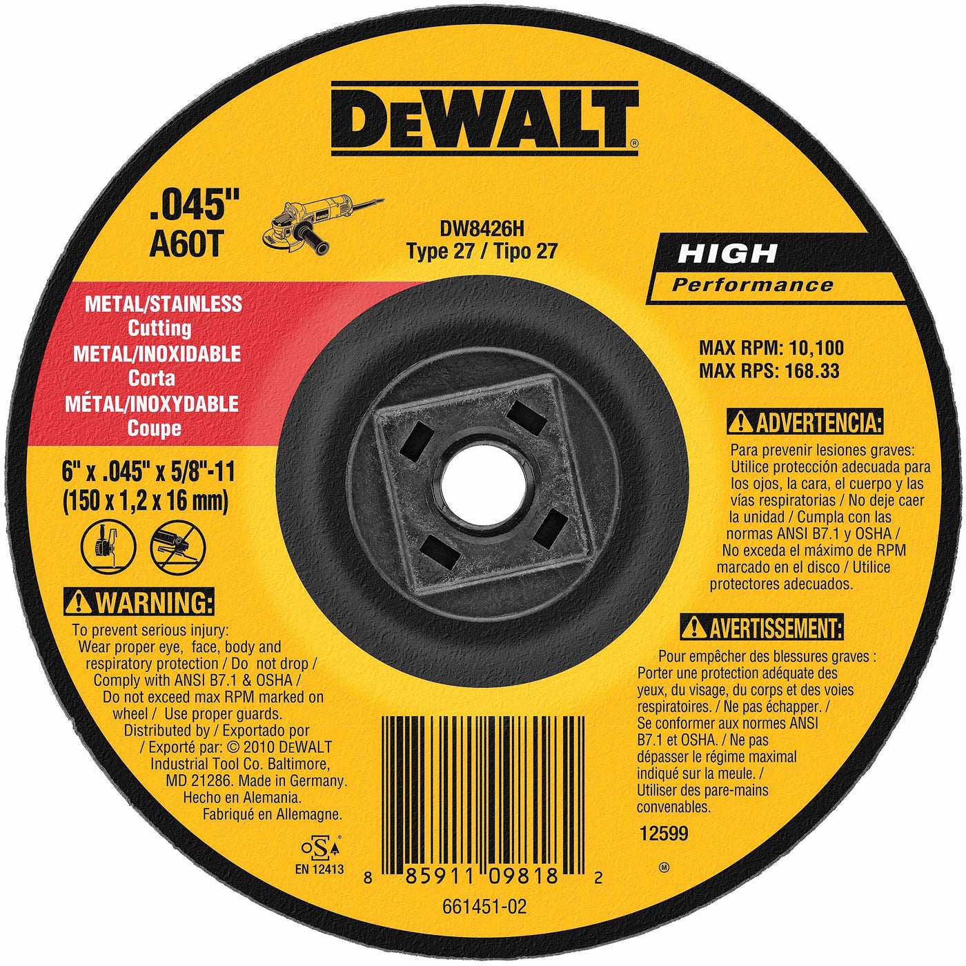 DeWalt DW8426H 6" x .045" x 5/8"-11 Metal Cutting Wheel