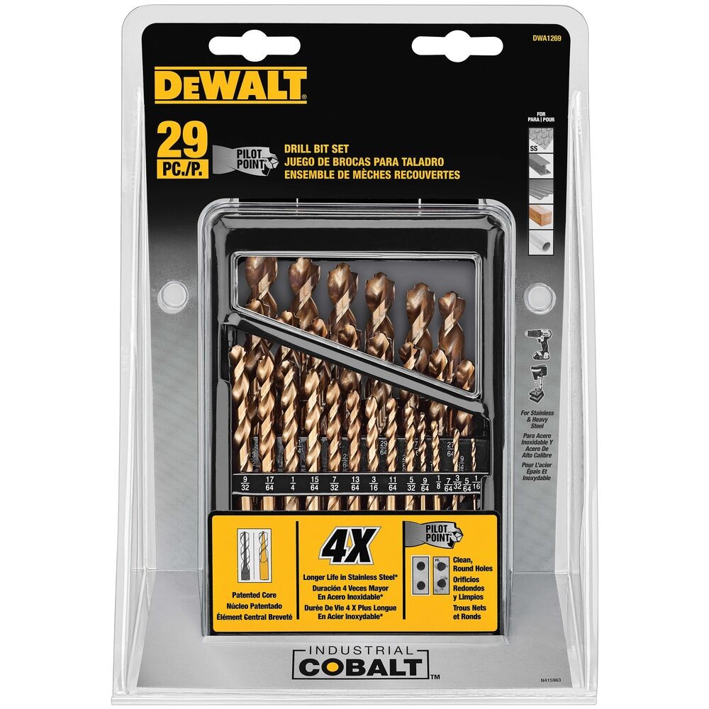DeWalt DWA1269 29-Piece Pilot Point Industrial Cobalt Alloy Steel Drill Bit Set 1/16" - 1/2"
