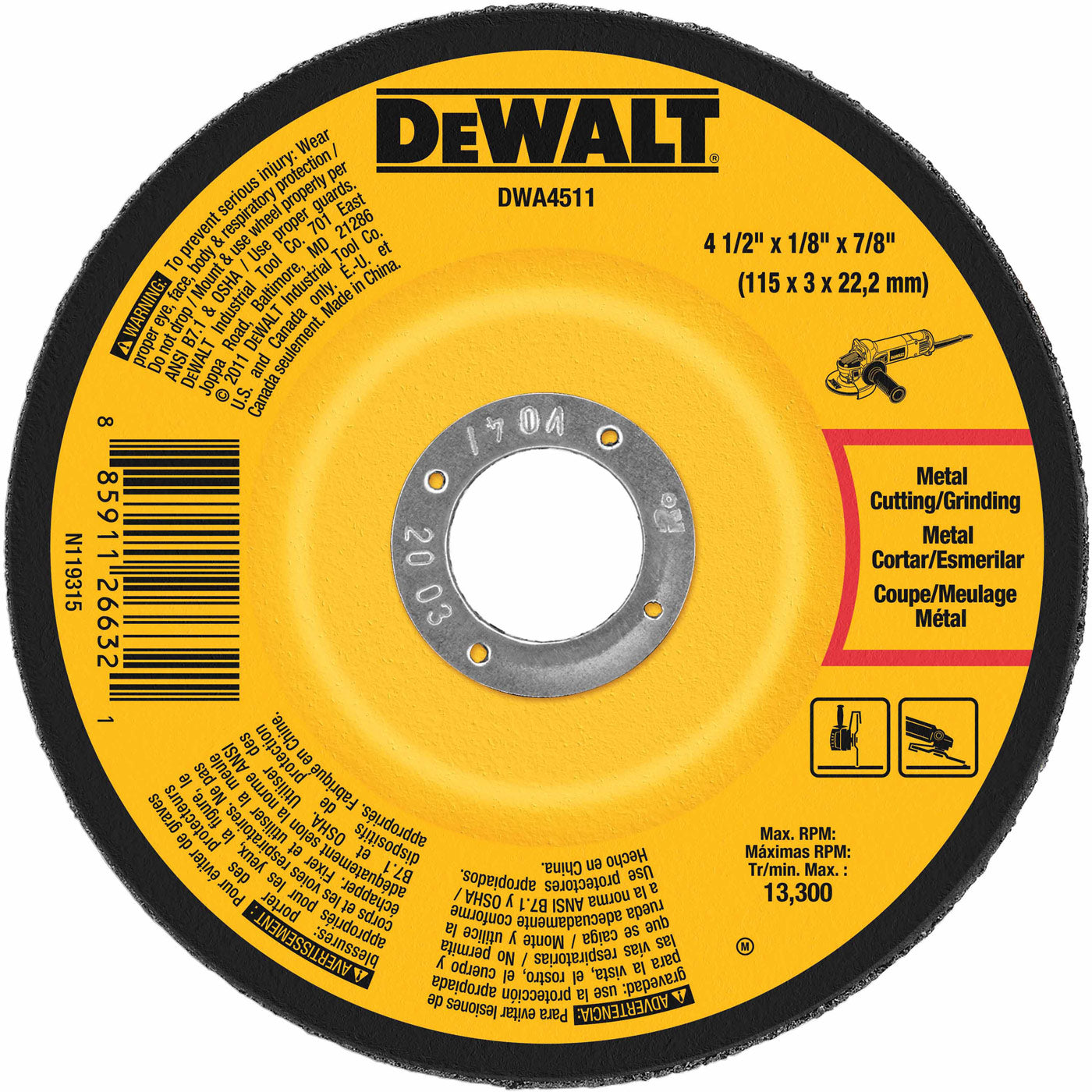 DeWalt DWA4511 4-1/2" x 1/8" x 7/8" Metal Grinding Wheel