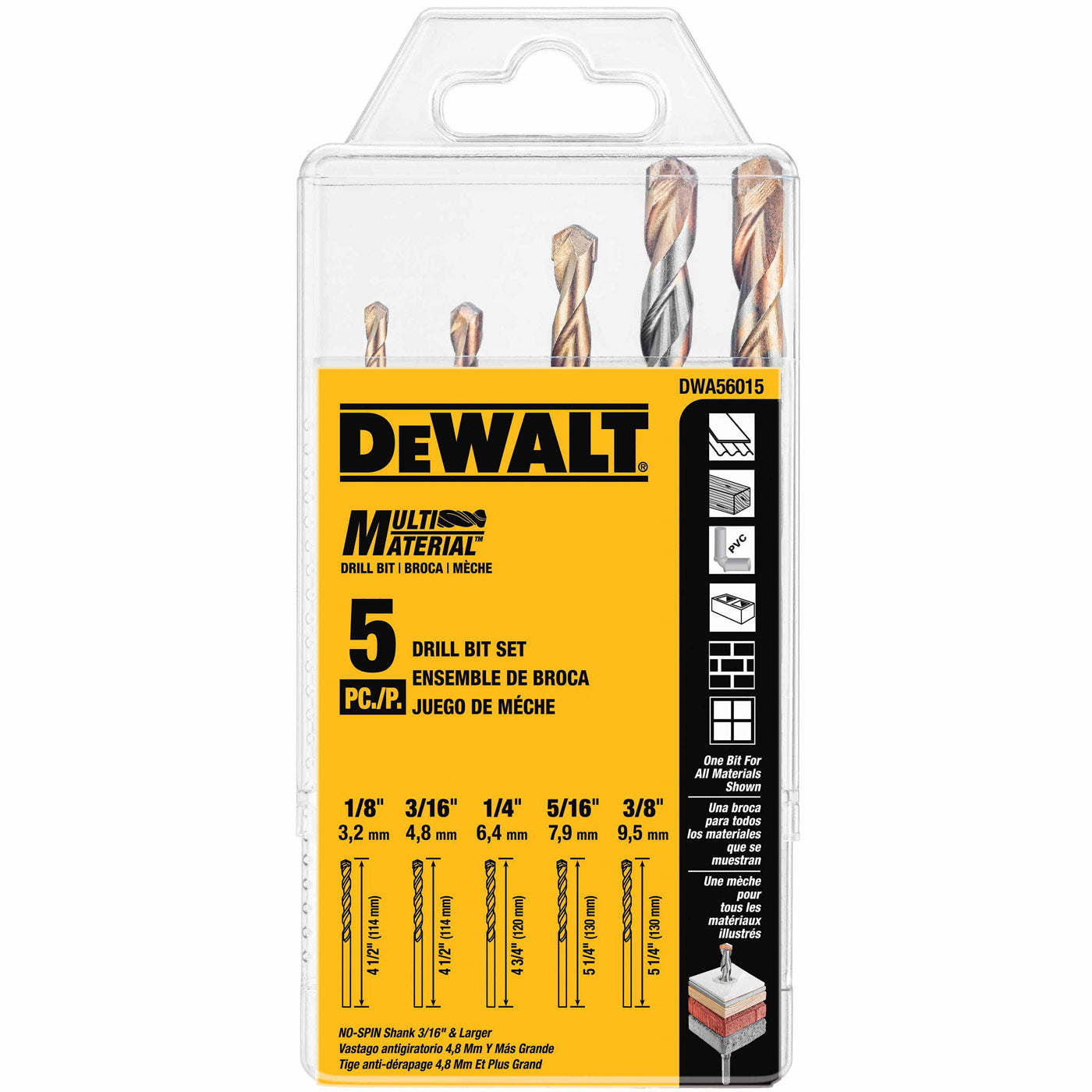 DeWalt DWA56015 5-Pc. Multi Material Drill Bit Set (1/8", 3/16", 1/4", 5/16", 3/8")