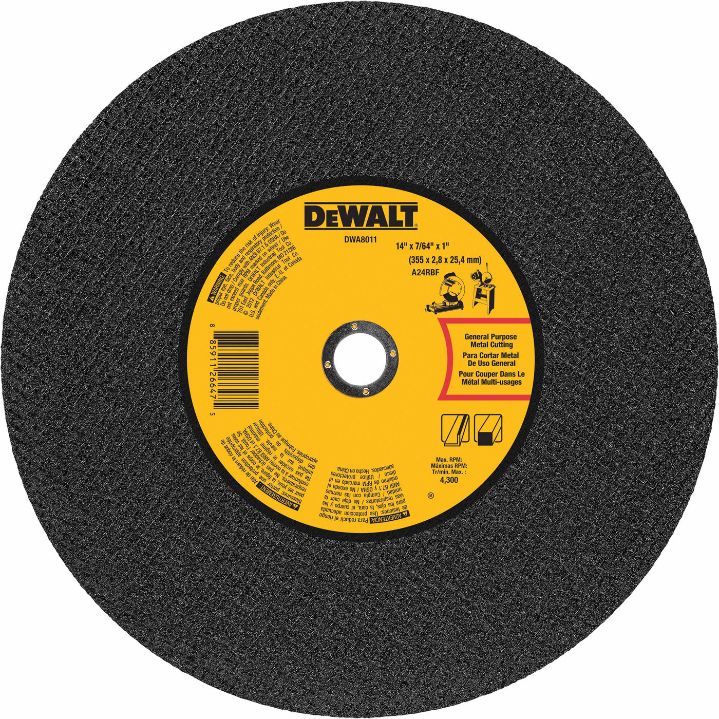 DeWalt DWA8011 14" x 7/64" x 1" General Purpose Chop Saw Wheel-Metal