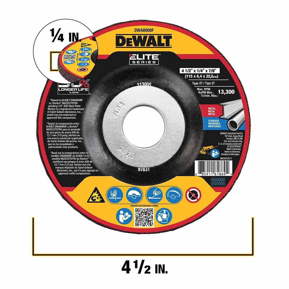 DeWalt DWA8908F 4-1/2" Steel Ceramic Abrasive Cut-Off Wheel Xp