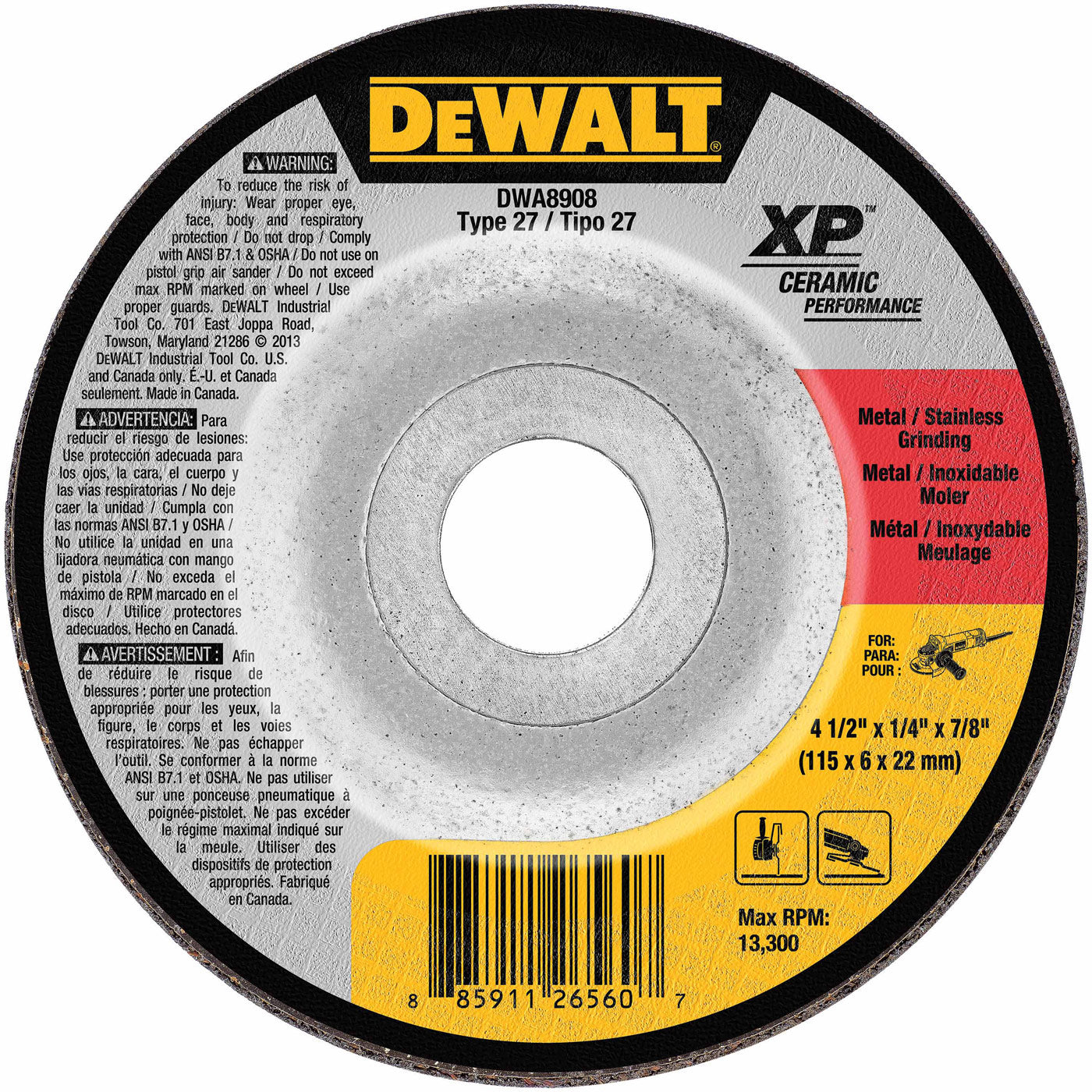 DeWalt DWA8908 4-1/2" x 1/4" x 7/8" Ceramic Abrasive Grinding Disk