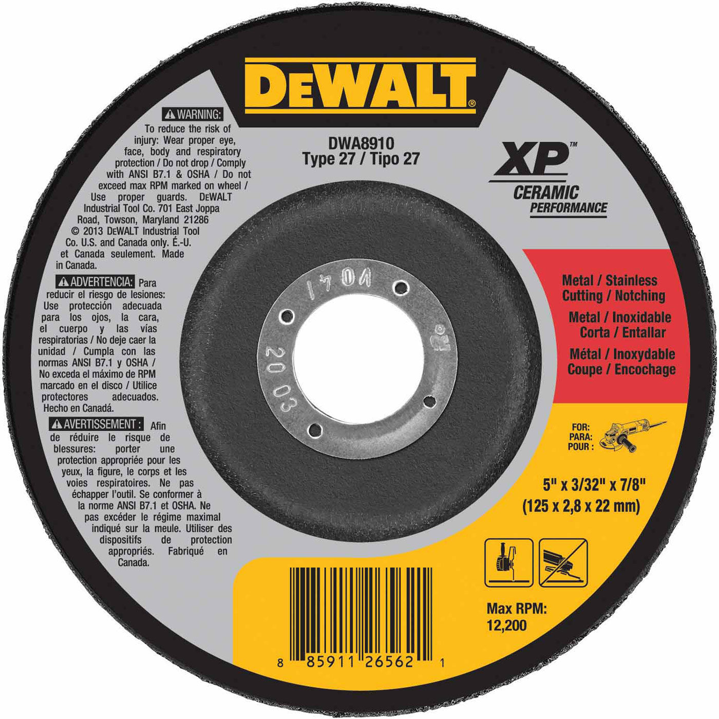 DeWalt DWA8910 5" x 3/32" x 7/8" Ceramic Abrasive Grinding Disk