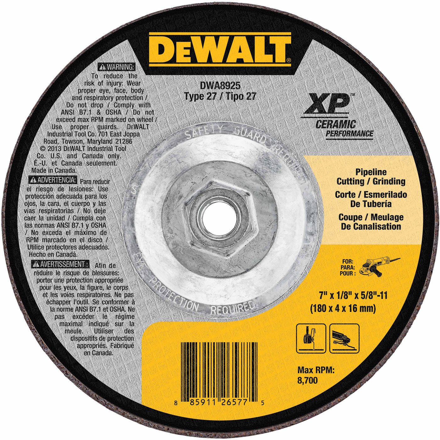 DeWalt DWA8925 7" x 1/8" x 5/8"-11 Ceramic Abrasive Grinding Disk
