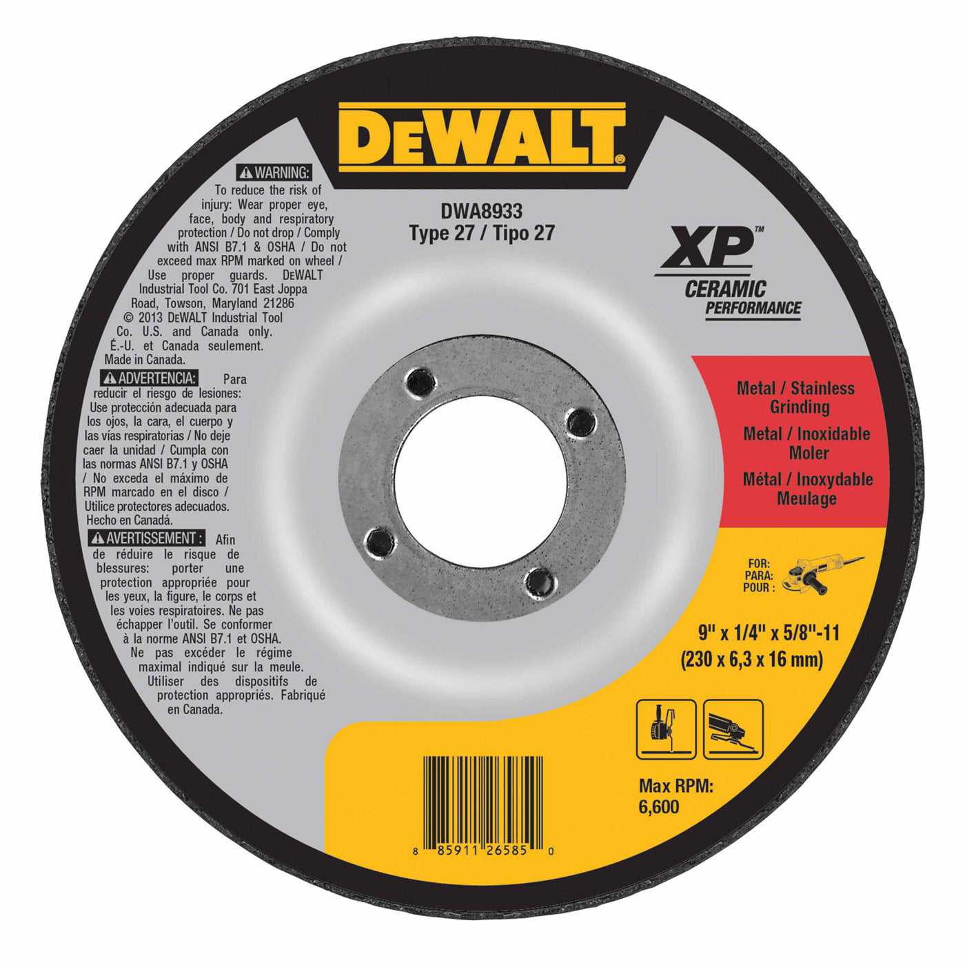 DeWalt DWA8933 9" x 1/4" x 5/8"-11 Ceramic Abrasive Grinding Disk