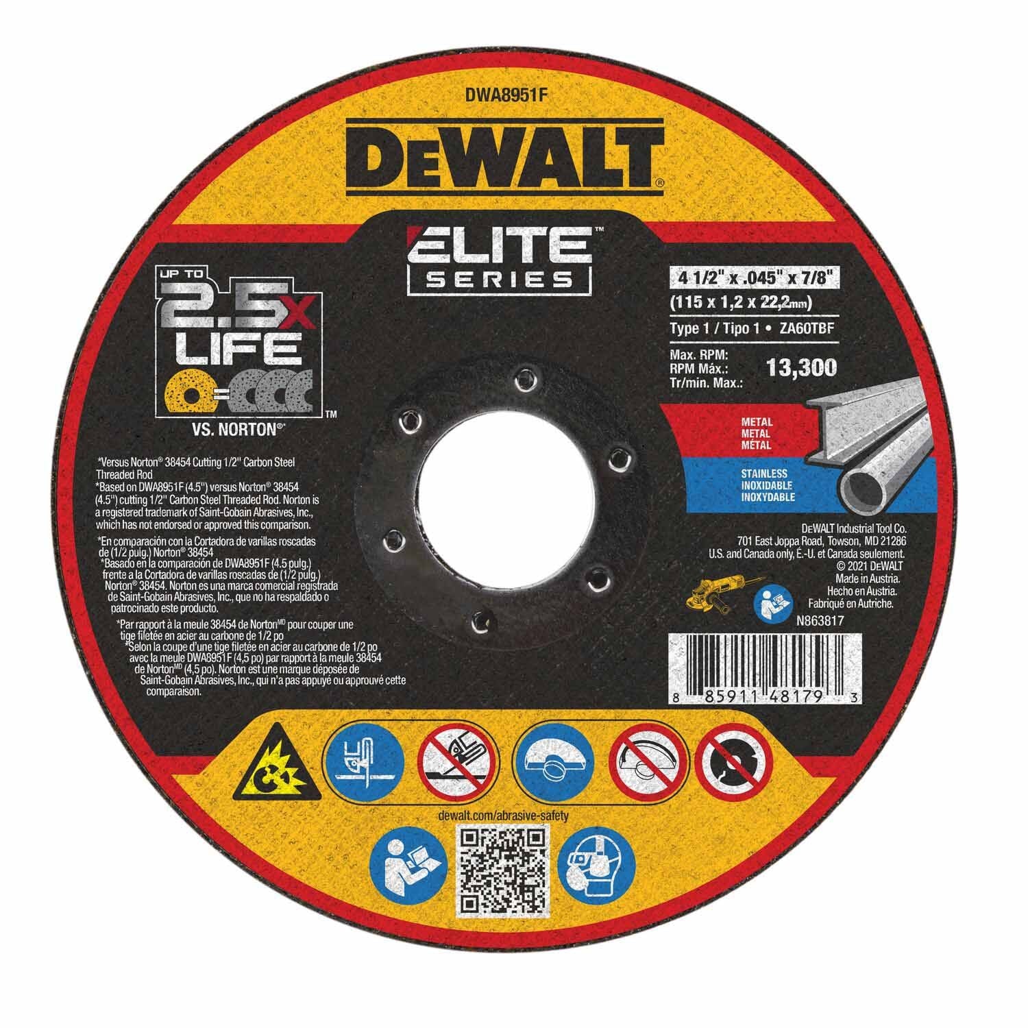 DeWalt DWA8951F Elite Series 4-1/2 x .045 x 7/8 XP T1 Cutting