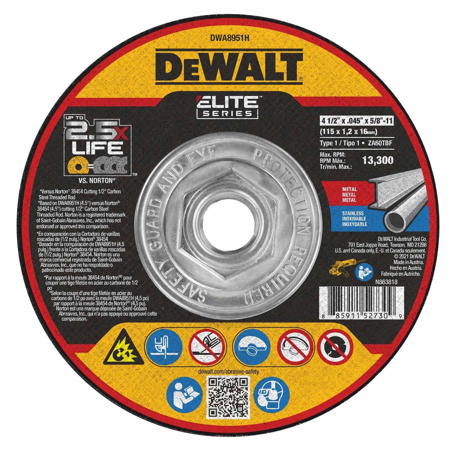 DeWalt DWA8951H Elite Series 4-1/2 x .045 x 5/8-11 XP T1 Cutting Wheels