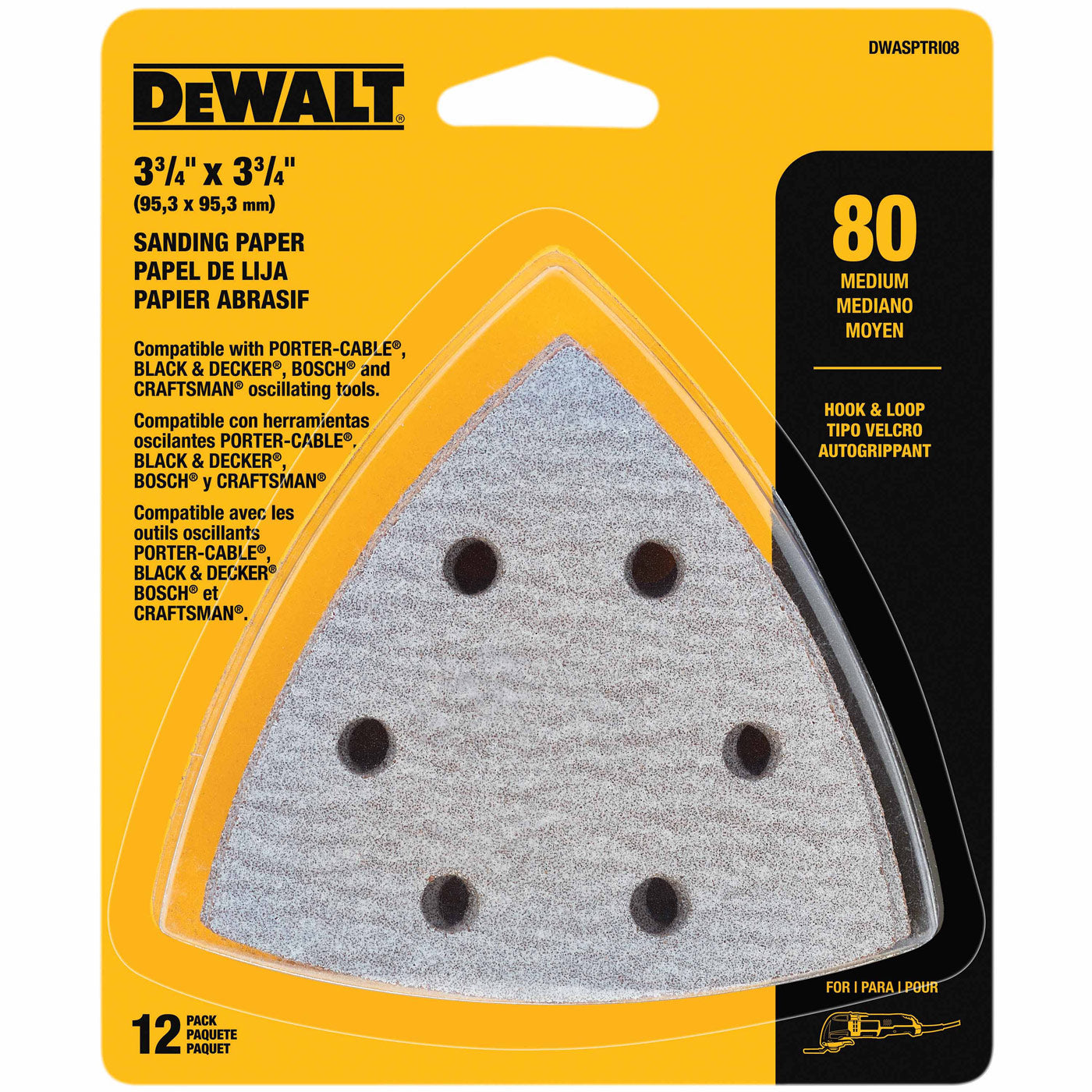 DeWalt DWASPTRI08 Hook And Loop Triangle 80 Grit Sandpaper - 12 PK