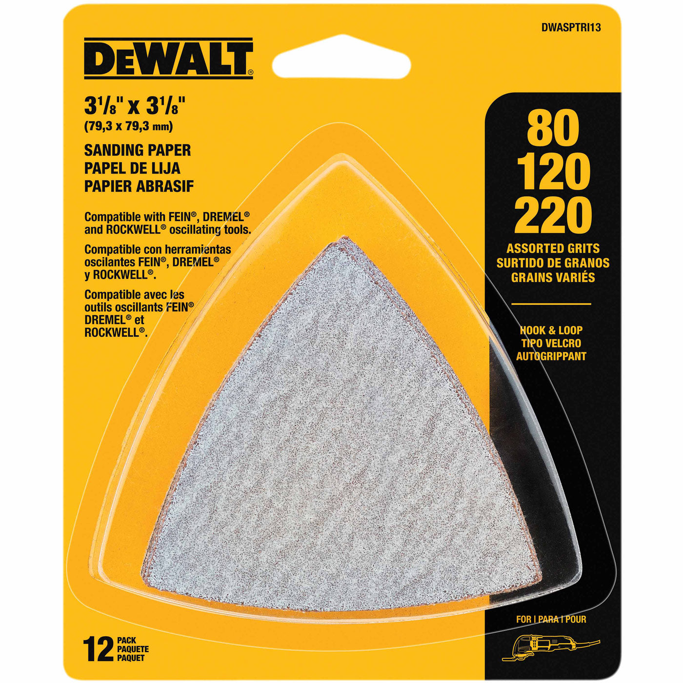 DeWalt DWASPTRI3 Hook And Loop Triangle Sandpaper Assorted - 12 PK