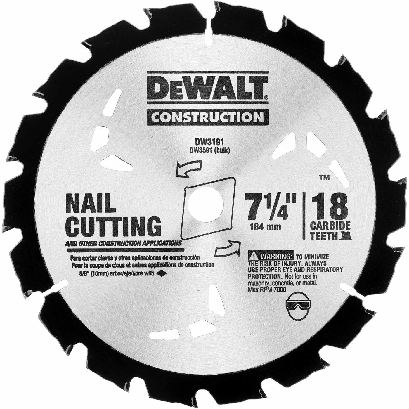 DeWalt DW3191 Series 20 7-1/4" 18T Nail Cutting Circular Saw Blade
