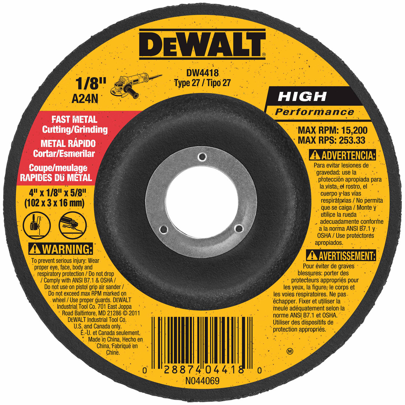DeWalt DW4418 4" x 1/8" x 5/8" General Purpose Metal Cutting Wheel
