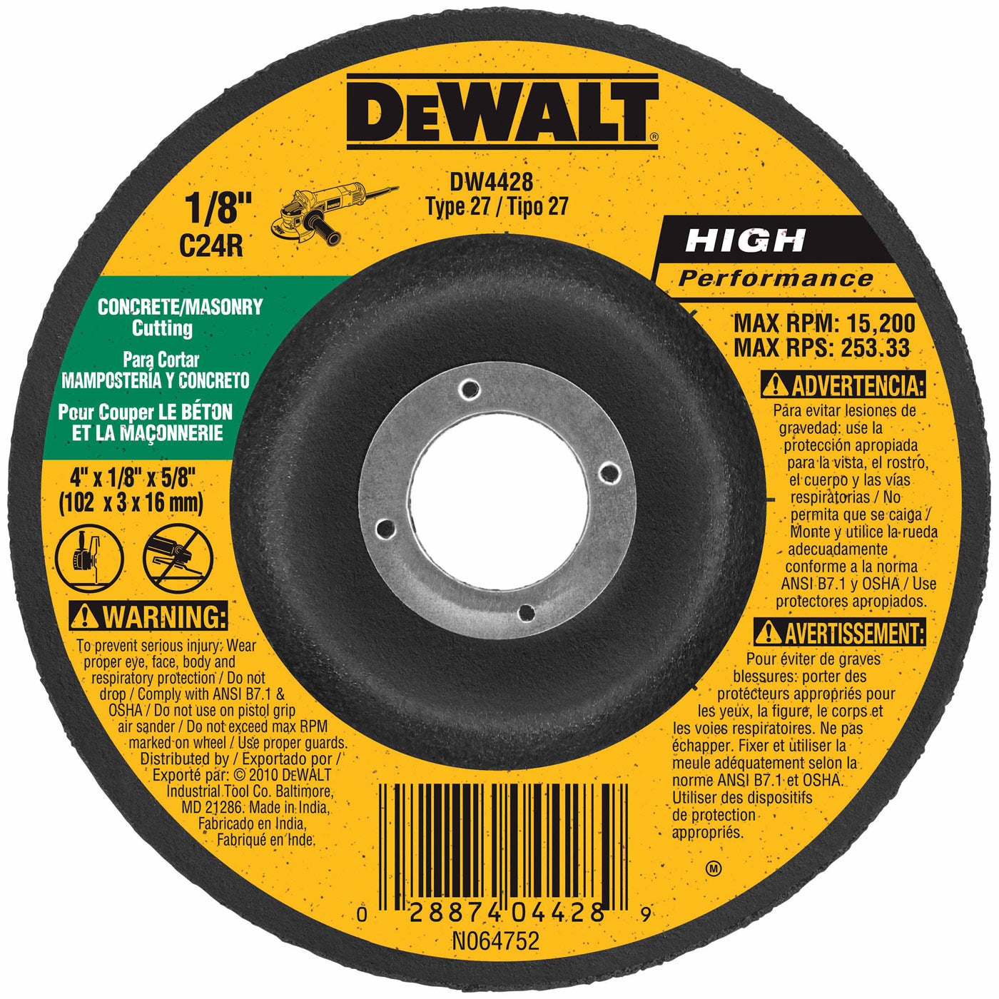 DeWalt DW4428 4" x 1/8"x 5/8" Concrete/Masonry Cutting Wheel