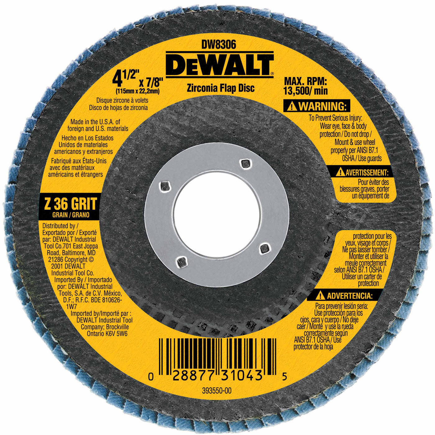 DeWalt DW8306 4-1/2" x 7/8" 36 Grit Zirconia Flap Disc