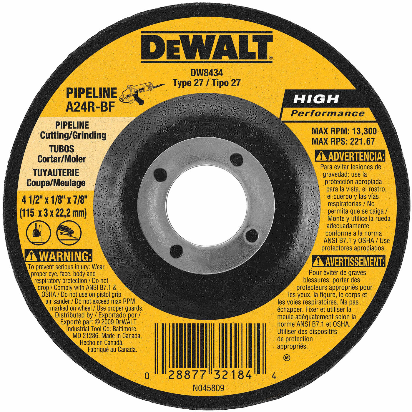 DeWalt DW8434 4-1/2" x 1/8" x 7/8" Pipeline Cutting / Grinding Wheel