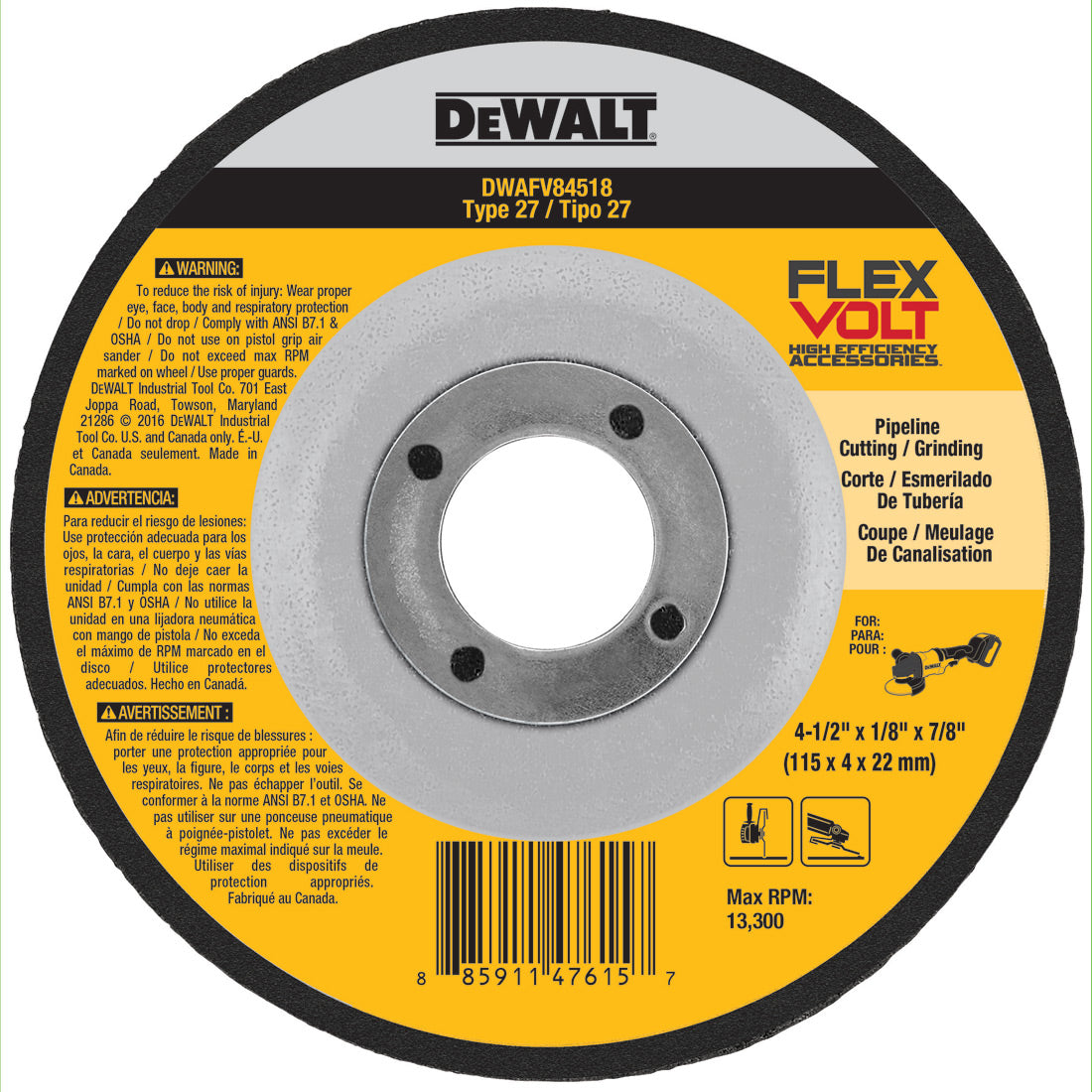 DeWalt DWAFV84518 4-1/2" x 1/8" x 7/8" Type 27 Metal Grinding Wheel