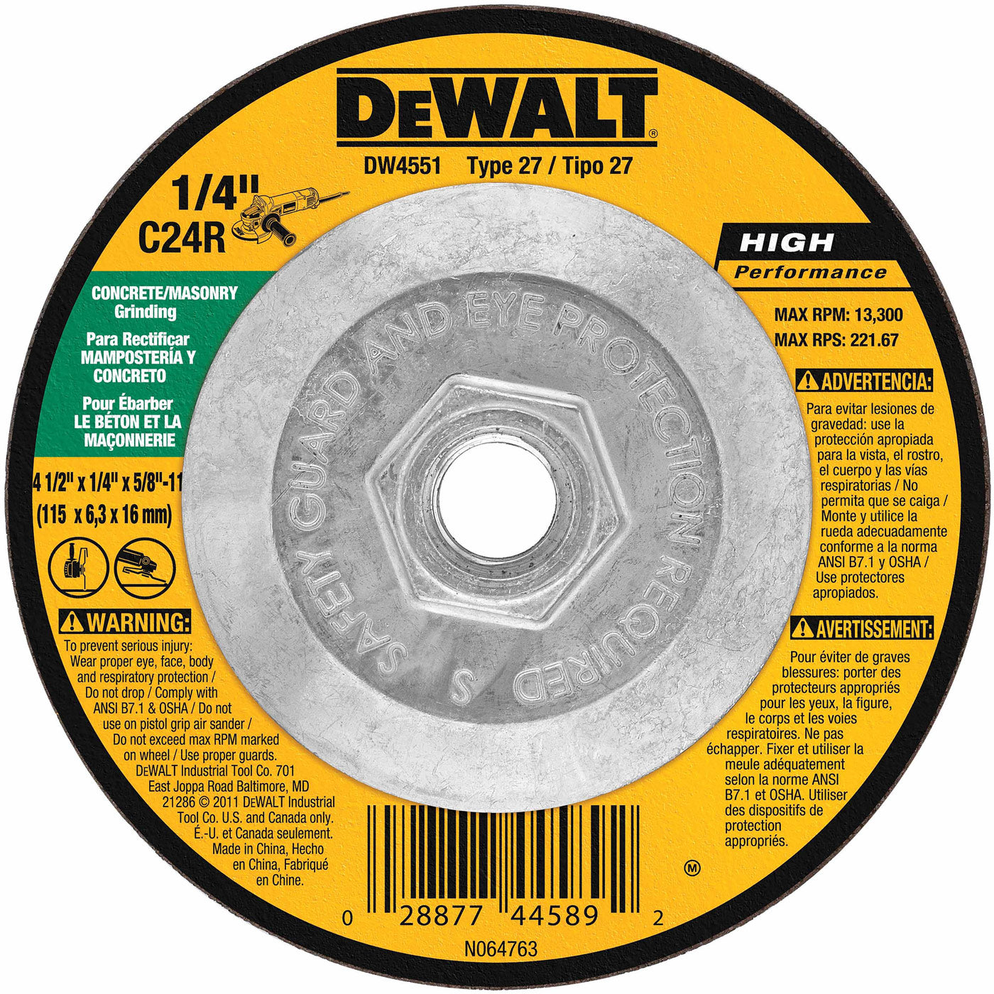 DeWalt DW4551 4-1/2" x 1/4" x 5/8-11" Masonry Grinding Wheel
