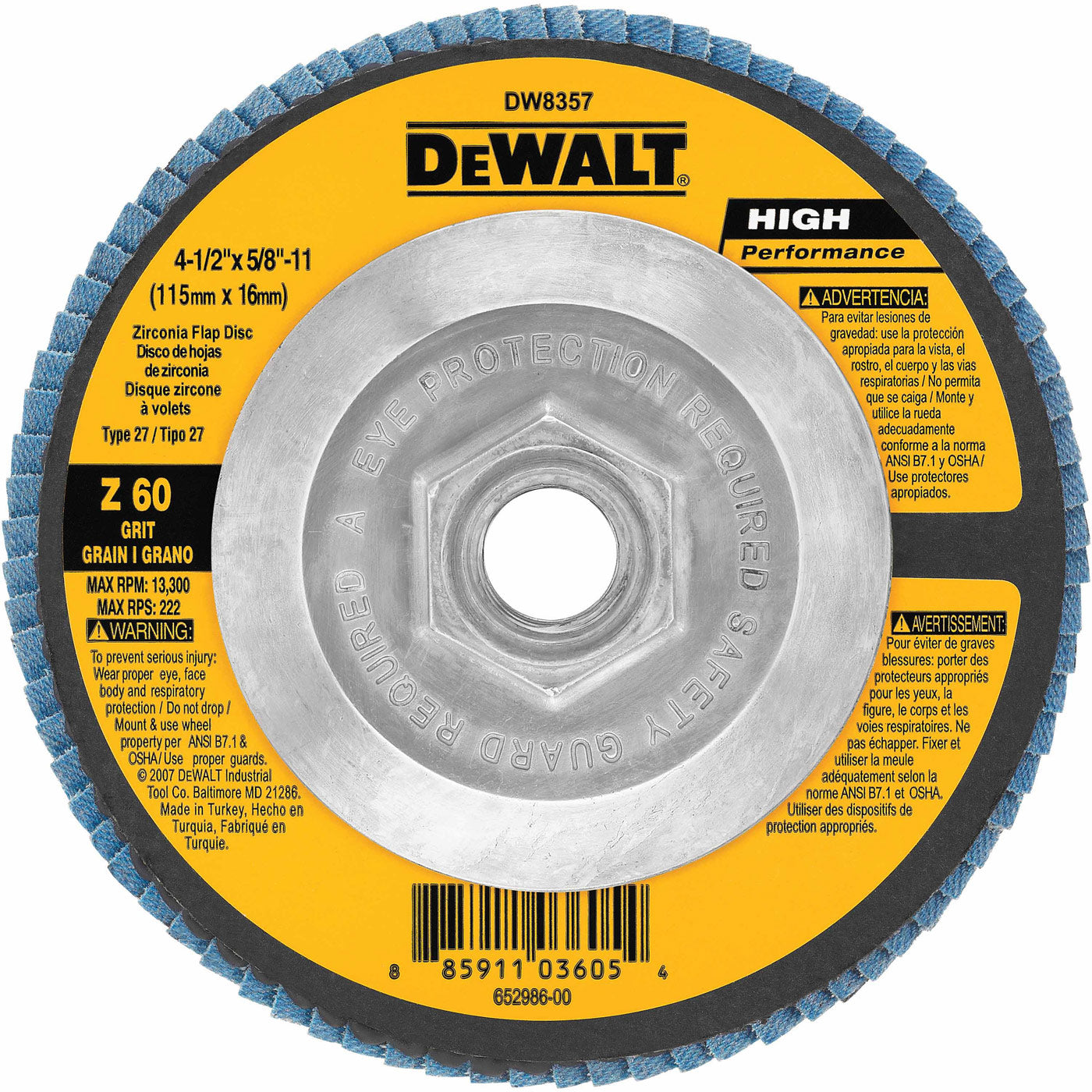 DeWalt DW8357 4.5x5/8-11 60 Grit Zirconia Flap Disc